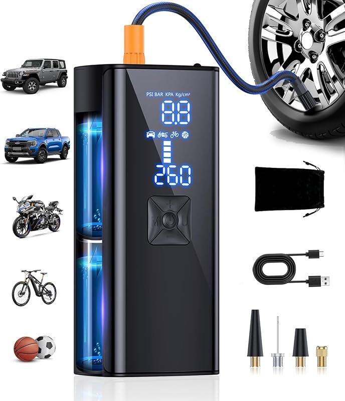 Tire Inflator Portable Air Compressor, 150 PSI Cordless Tire Pump, 2X Fast Inflation, Dual Digital LCD Display, 4