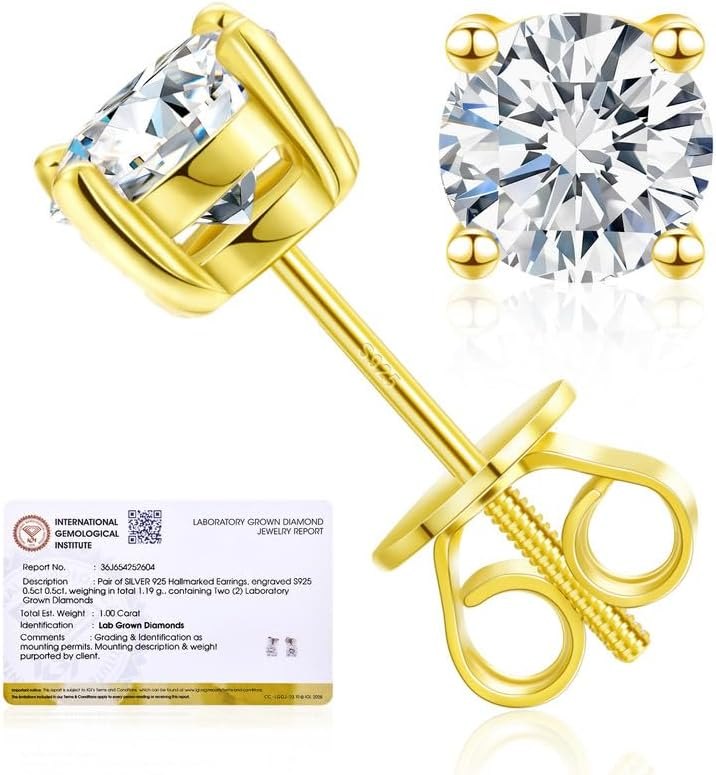 Lab Grown Diamond Stud Earrings Screw Back for Women Round Cut IGI Certified D Color VVS1 Clarity Hypoallergenic Fine