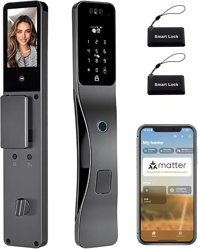 Matter Smart Lock,Compatible with Apple Home, Alexa,Google,Built-in Wi-Fi,8-in-1 Unlocking Options Including Facial