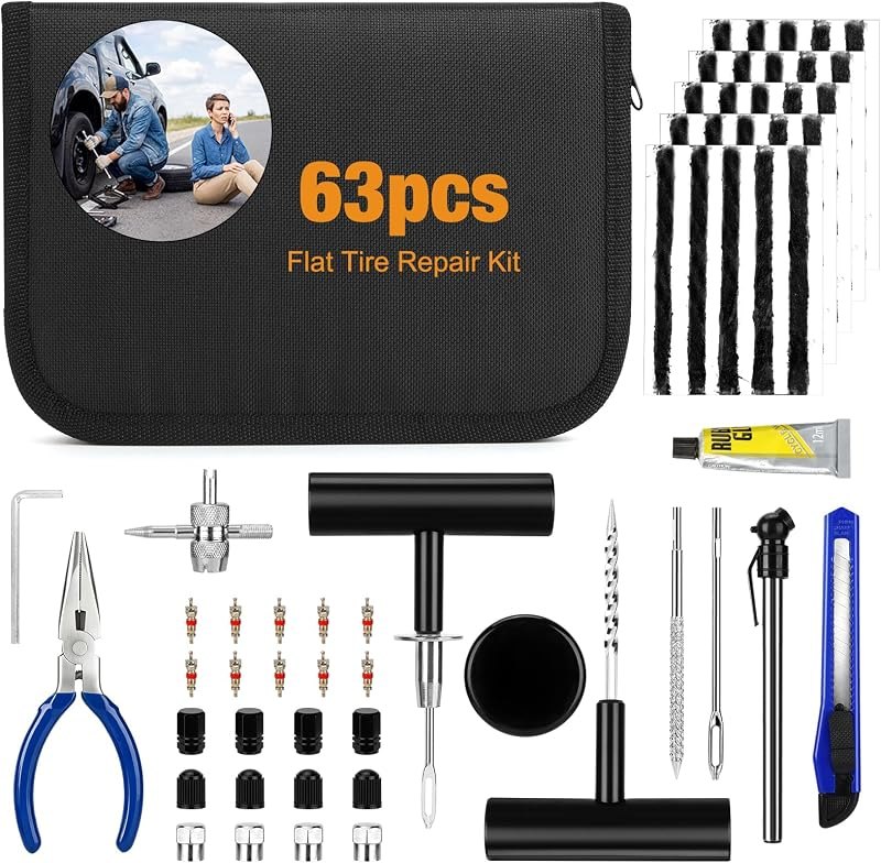 63PCS Flat Tire Repair Kit, Tubeless Tire Repair Kit, Tire Plug Kit Heavy Duty Professional, Emergency Tire Fix Tool