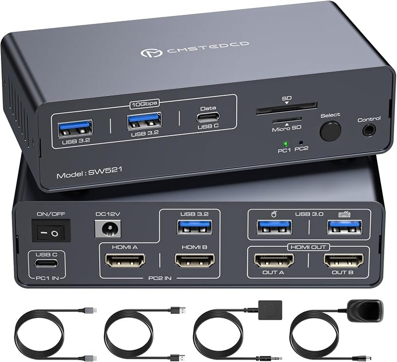 USB C KVM Switch 2 Monitors 2 Computers HDMI 4K60Hz EDID KVM Docking Station for 1 Laptop 1 Desktop Share Dual Monitor