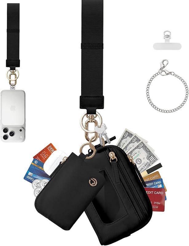 Dual Pouch Wristlet Keychain Wallet for Women, Coin Purse with RFID Blocking, Nylon Phone Wallet & Card Holder —