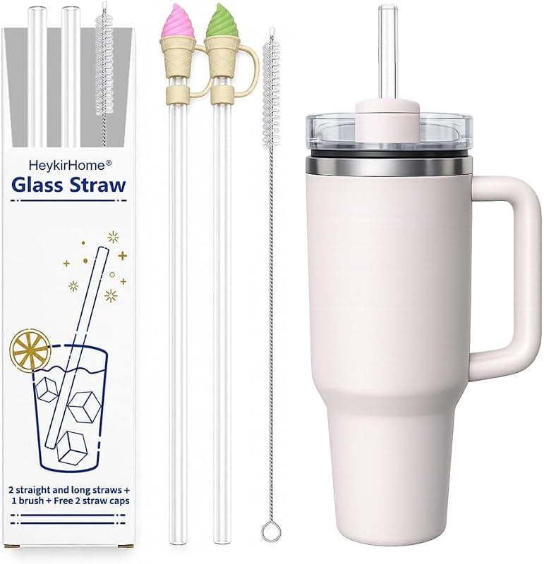 Reusable Glass Straws for Stanley Cup 40 oz, 2 Extra Long 12 Inch Glass Drinking Straws with 2 Silicone Straw Covers,1