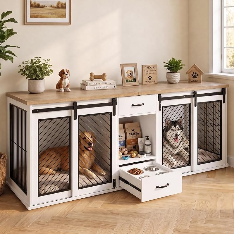 85" XXL Heavy Duty Wooden Double Dog Crate Furniture for 2 Dogs Divided — dog crate divider for dog crate divider