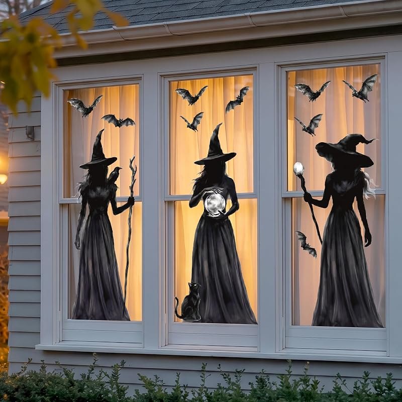 Halloween Decorations Window Clings, 3 Large Witch Window Decals Double Sided Window Clings, Spooky Witch Black Cat