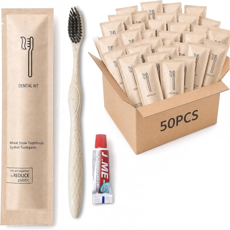 50 Sets Disposable Toothbrushes with Toothpaste (5g) Kit, Individually Wrapped Soft Bristle Travel Toothbrush,Wheat