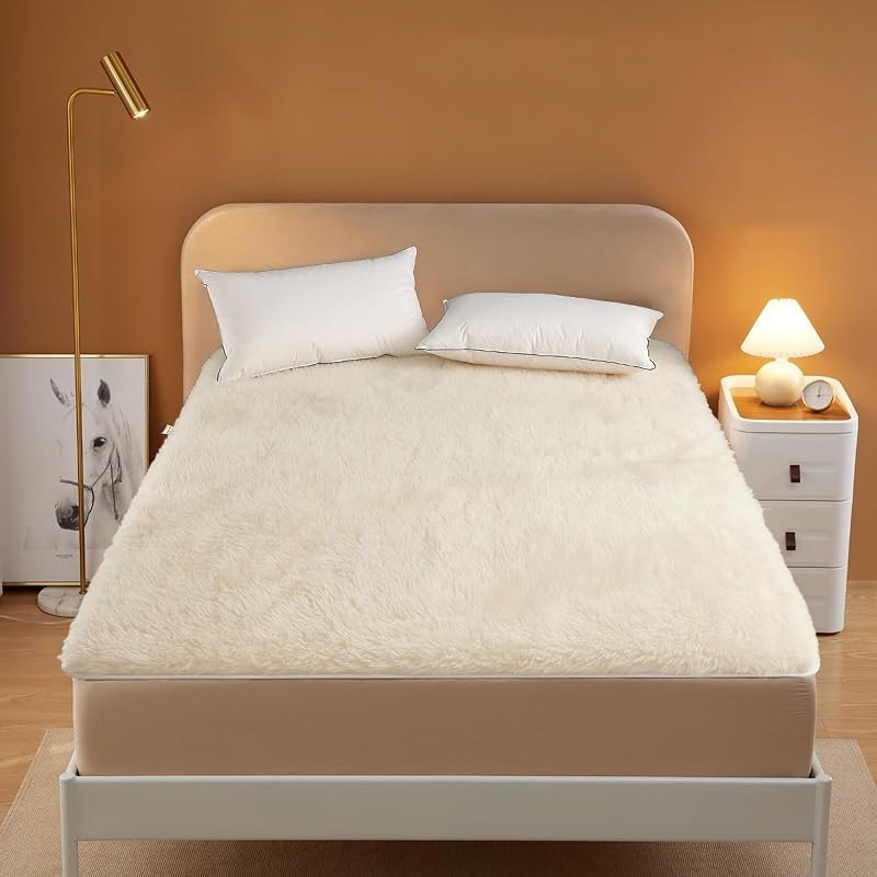 Wool Fleece Mattress Topper, Thick Fitted Mattress Pad with Elastic Band Straps, Soft Breathable Bed Mattress