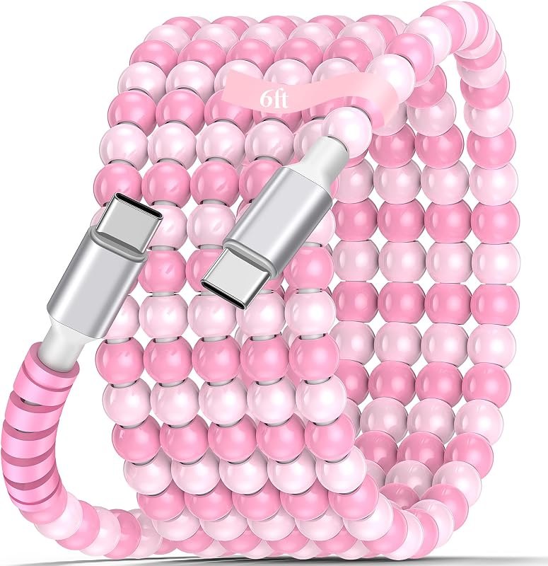 USB C Cable Beaded 60W Fast Charging for iPhone Duo 17 16 18 Pro 6FT Pink — car charger for iphone pro charger