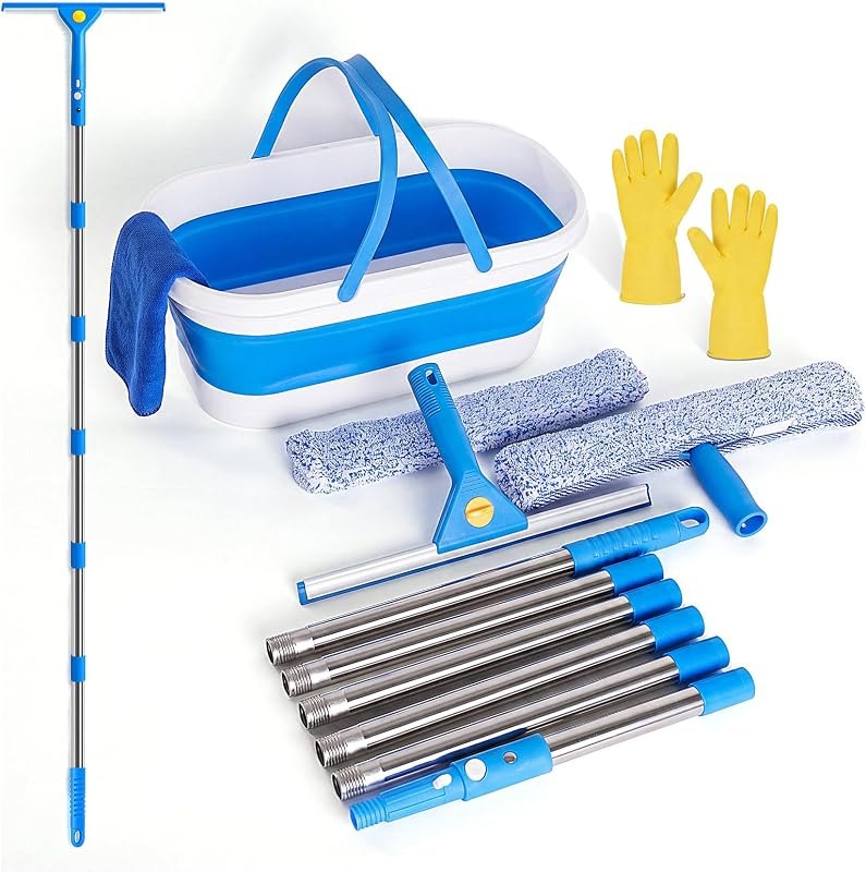 Window Cleaning Kit, Window Washing Kit with 3 Gallon Collapsible Bucket, 14-Inch Squeegee & 15-Inch Scrubber, 76-Inch