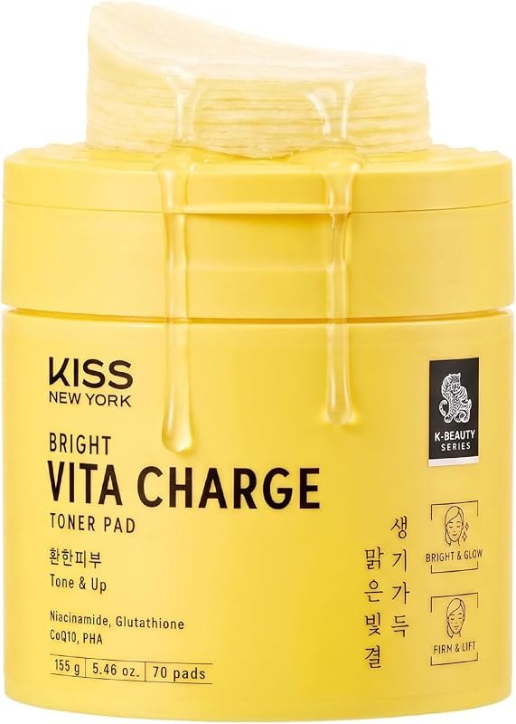 KISS NEW YORK Bright Vita Charge Toner Pads, Dual-Textured Facial Pore Pad Gently Exfoliates & Boosts Radiance With