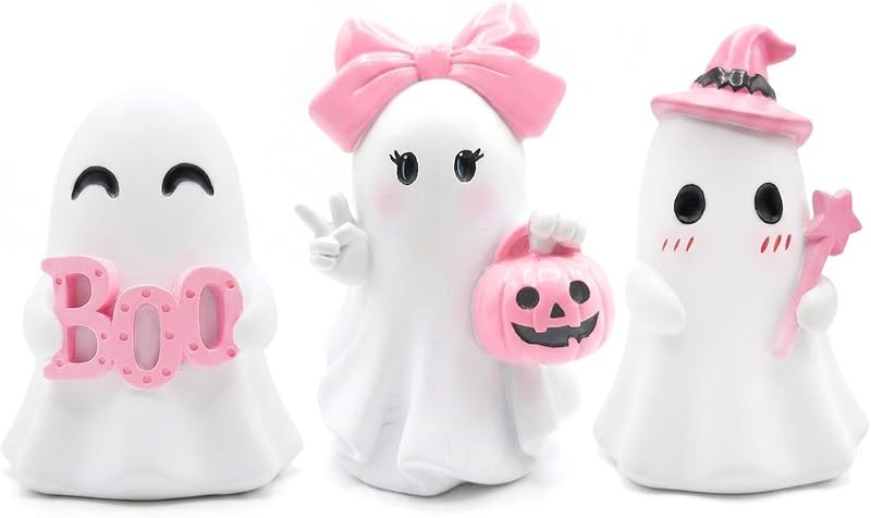 Stylor 3 Pcs Pink Halloween Ghost Figurines Decor - Cute Kawaii Pastel Halloween Decor with Pumpkin, Small Resin Desk