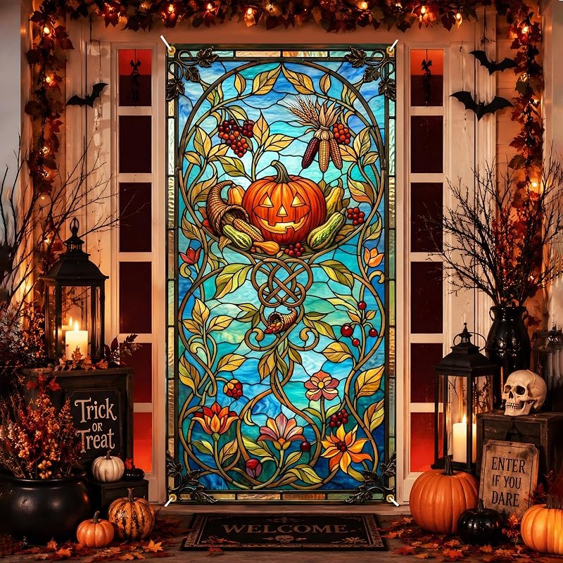 Fall Halloween Door Cover 35.4 x 70.9 Inches, Stained Glass Style Pumpkin Cornucopia Door Banner, Autumn Harvest Front
