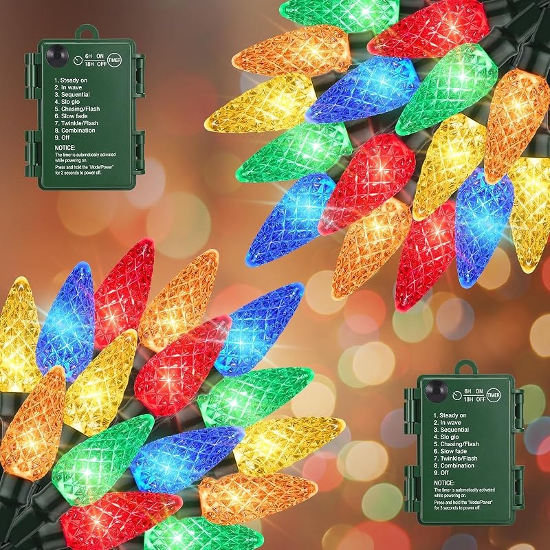 2 Pack C6 Battery-Operated-Christmas-Lights 100LED Multicolor String Lights — battery operated christmas lights for