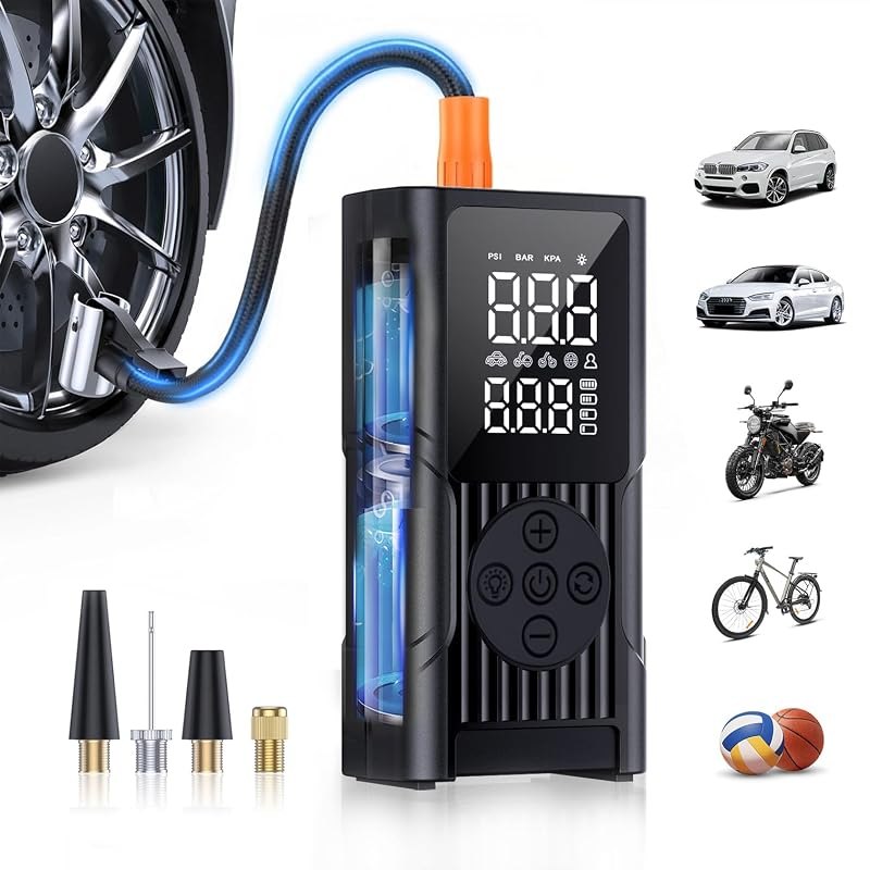 Hafuloky Tire Inflator Portable Air Compressor, 150PSI Cordless Bike Pump with Digital Gauge & LED Light, 3X Faster