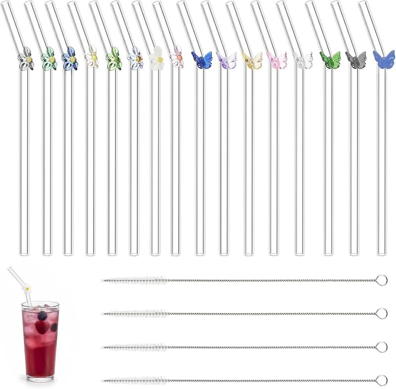 16 Pcs Glass Straws, Reusable Set with 4 Cleaning Brushes, 7.9 in, Cute Charms, 8 Butterfly and 8 Flower Design