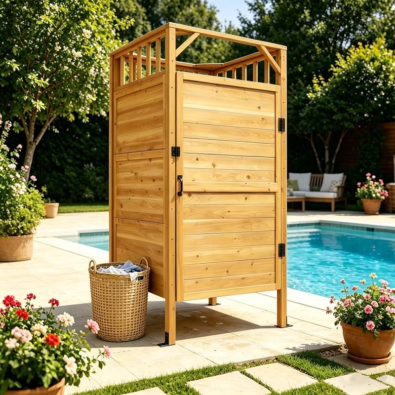 Yardenaler Outdoor Shower Enclosure with Lockable Door, Outdoor Cedar Wood Shower Stall with Hooks & Shelves
