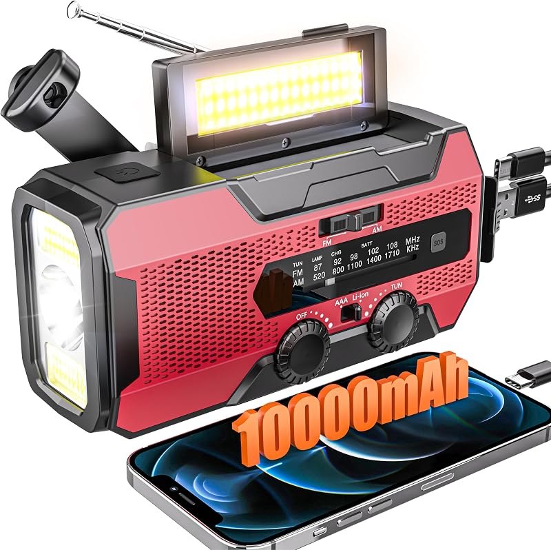 Solarbaby Hand Crank Emergency Radio,10000mAh Red NOAA Weather Radio,AM/FM Solar Radio with LED Flashlight, Reading