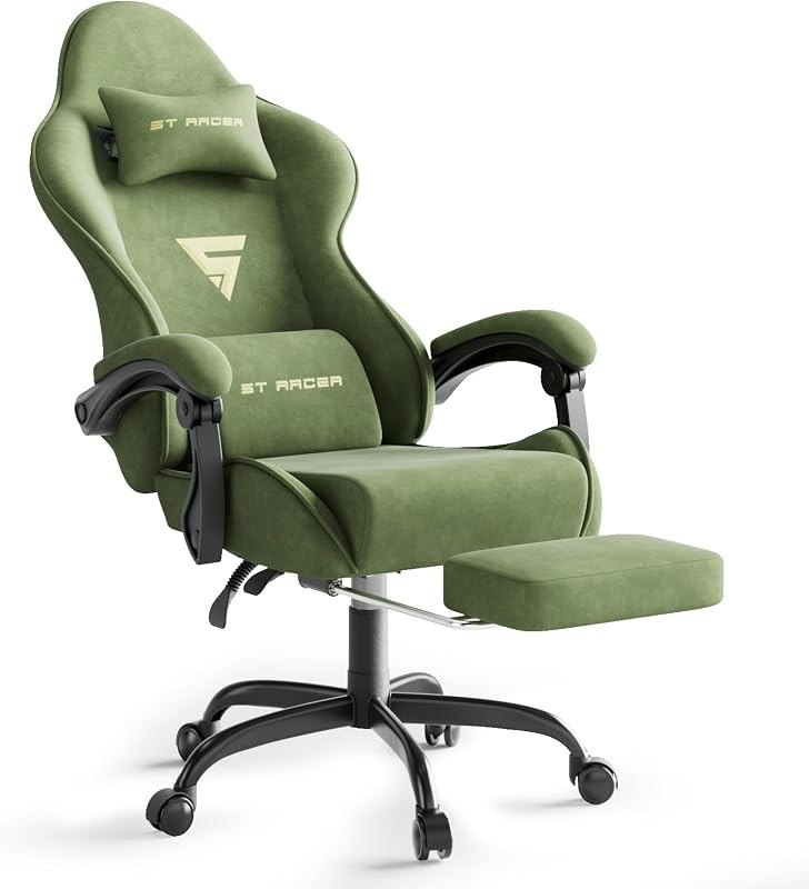 Gaming Chair Racing for Adult, Office Chair with Footrest Massage Lumbar Cushion, Velvet Fabric Reclining Video Game
