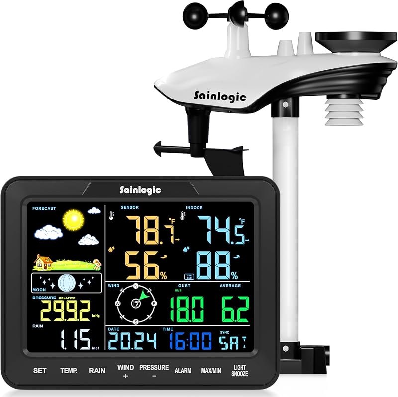 Sainlogic 12-in-1 Wireless Weather Station with Rain Gauge, Indoor Outdoor — solar powered weather station for solar