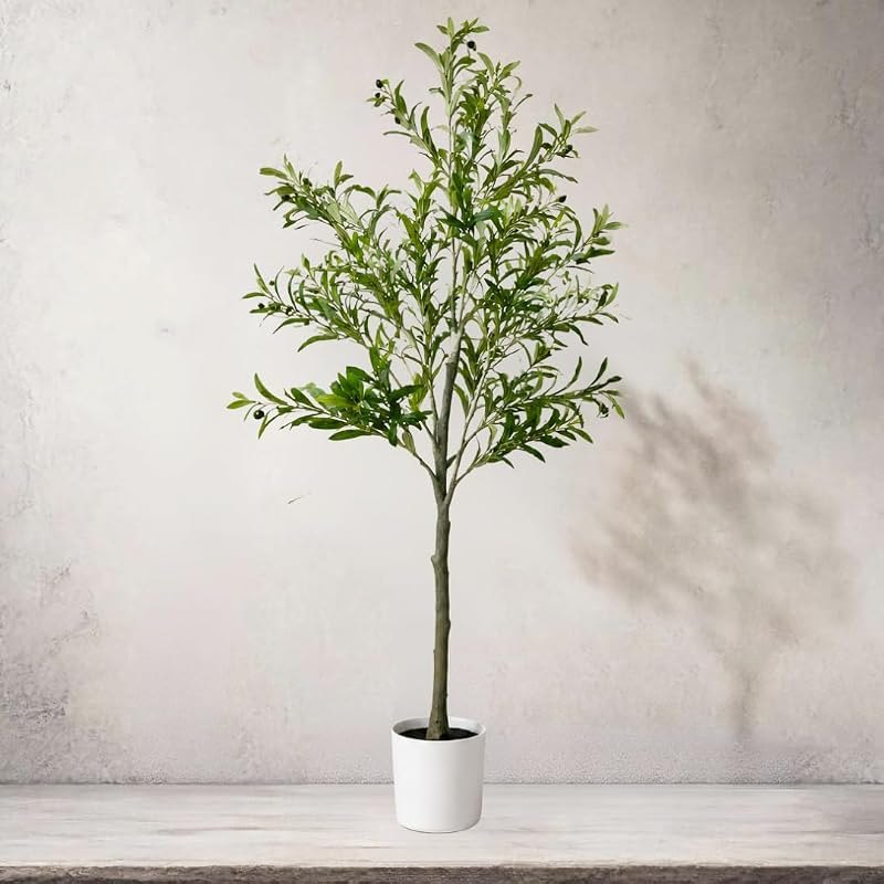 Artificial Olive Tree, Faux Olive Tree Indoor with Realistic Leaves & Trunk, Large Fake Plant in White Pot for Living