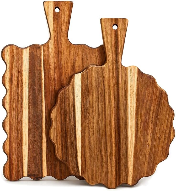 2Pcs Acacia Wood Scalloped Cutting Board with Handle for Kitchen Decor — wooden heart cutting board for wooden heart