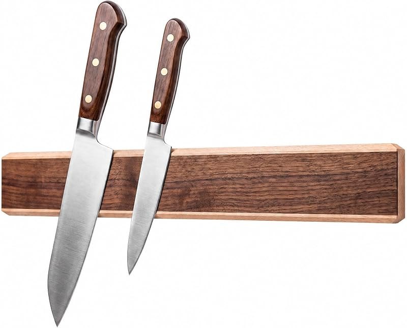 Magnetic Knife Strips for Wall, Solid Wood Knife Magnetic Holder, No-Drill 3-Way Mount & 3M Adhesive Strips, (Walnut