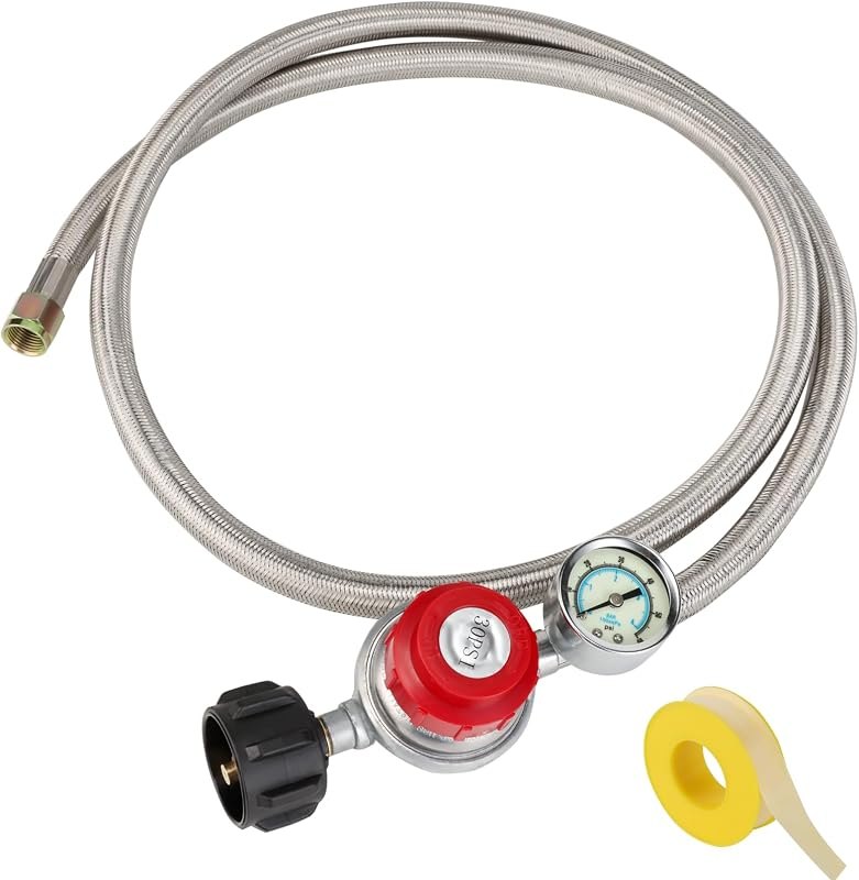 5FT Propane Regulator Hose with Gauge, 0-30PSI Adjustable, QCC1 & 3/8"