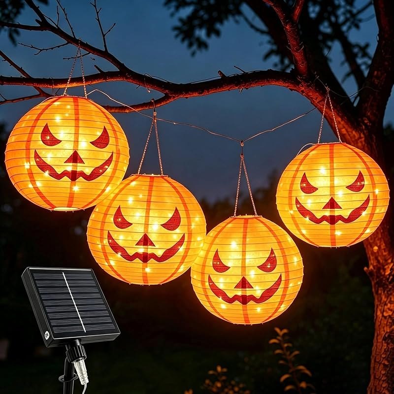 HUGSVIK 4Pcs Solar Pumpkin Lantern Outdoor Hanging Halloween Decorations — halloween pumpkin lantern for halloween