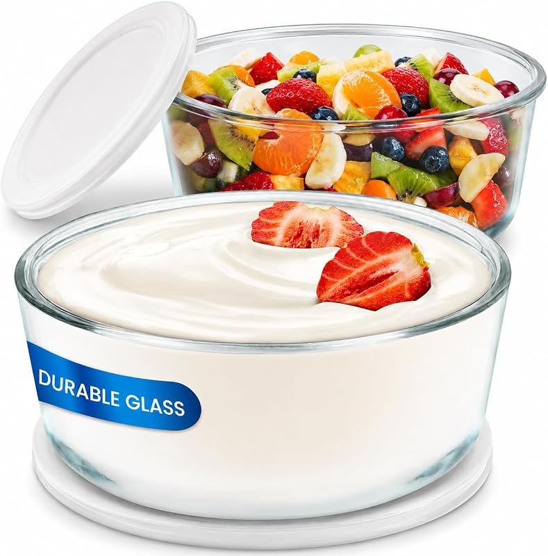 Ultimate Yogurt Containers 2 Pack, 1 Quart Glass Food Storage Containers with Airtight Lids (4 Cup), 100% BPA Free