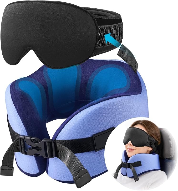 YFONG Travel Pillow with 3D Sleep Mask for Long Flights Airplane, Blue — neck pillow memory foam for neck pillow