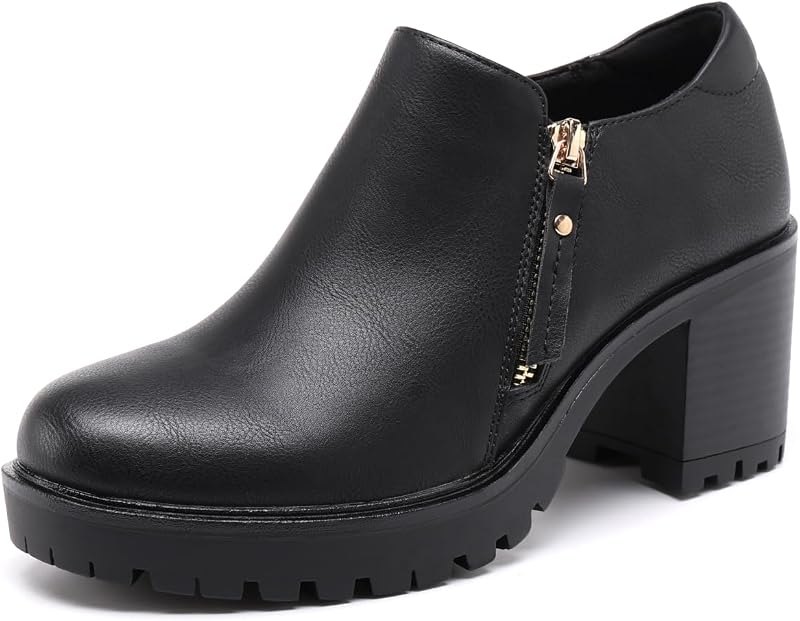 Women's Black Chunky Heel Ankle Boots - Thick Platform Sole, Side Zipper, Block Heel Fashion Booties for Casual &