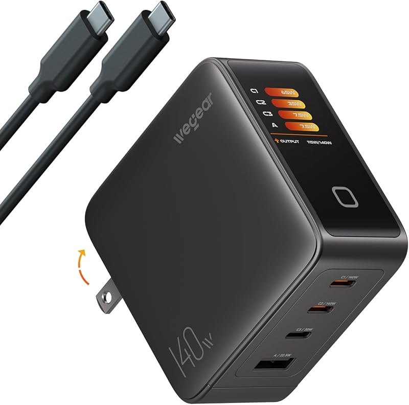 140W GaN USB C Charger Block, 4-Port PD3.1 Fast Wall Charger with Smart Display & Touch Control, Foldable Power