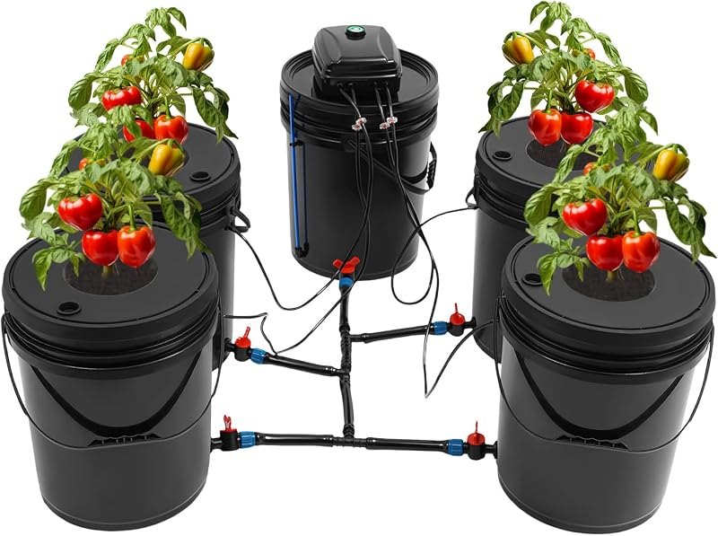 DWC Hydroponics Grow System 5.28 Gallon Deep Water Culture Kit with 12W 110V Air Pump, Five 12inch Buckets & Air
