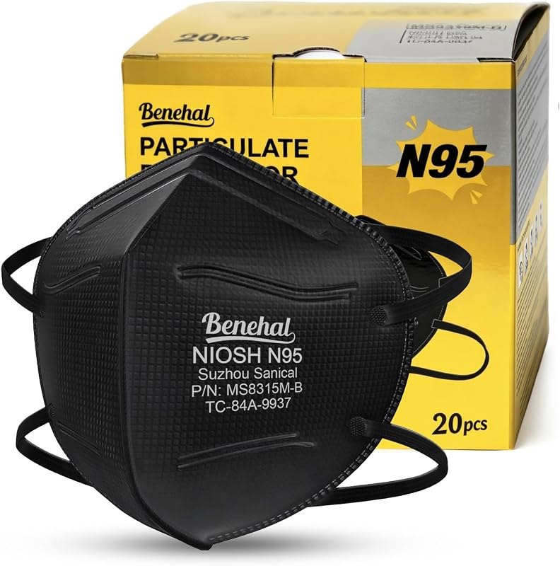 benehal NIOSH Approved N95 Mask for Adults, 20 Pack Individually Wrapped, Black N95 Face Mask, Breathable N95