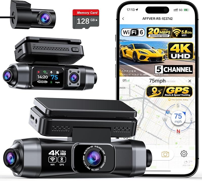 Affver 5 Channel 4K Dash Cam Front Rear Inside Left Right with GPS WiFi 6 — auto dash cams for auto dash cams