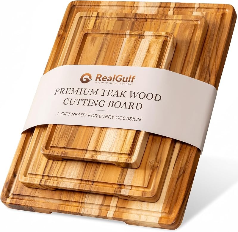 3-Piece Teak Cutting Board Set with Stand, Chopping Board, Juice Groove — kitchen cutting board for kitchen cutting