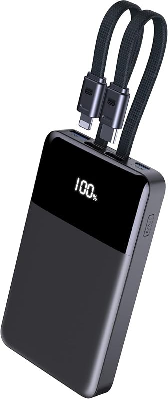 Portable Charger, 10000mAh Power Bank Built-in Lightning & USB-C Cables