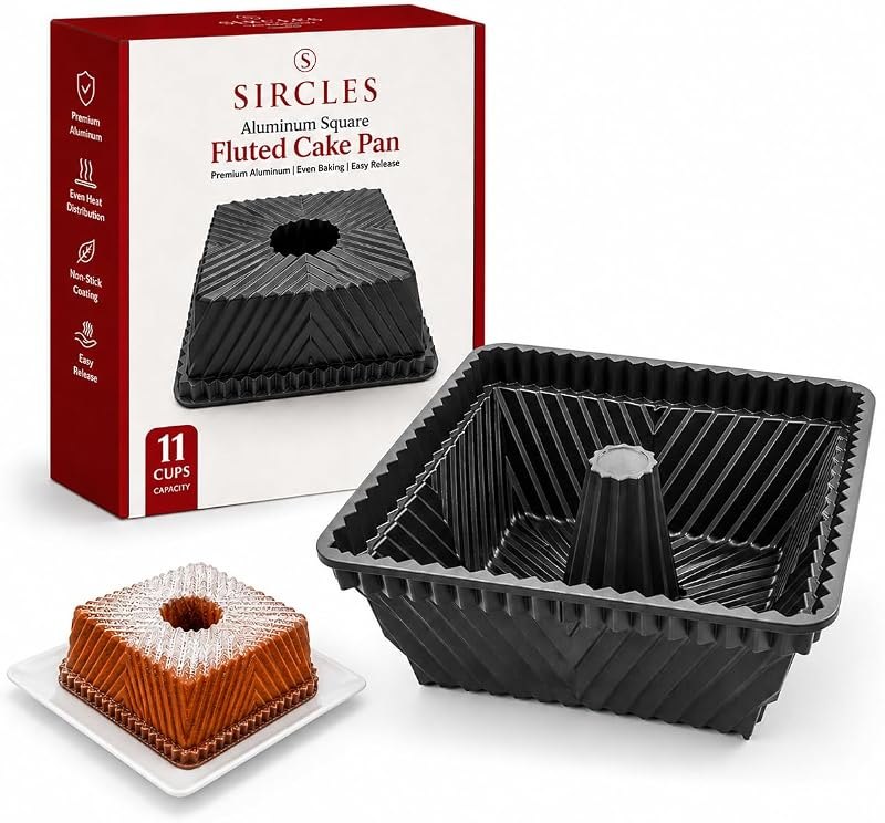 SIRCLES Square Bundt Cake Pan Aluminum, Nonstick Fluted Tube Baking Pan for Cakes & Desserts, Heavy Duty Bakeware