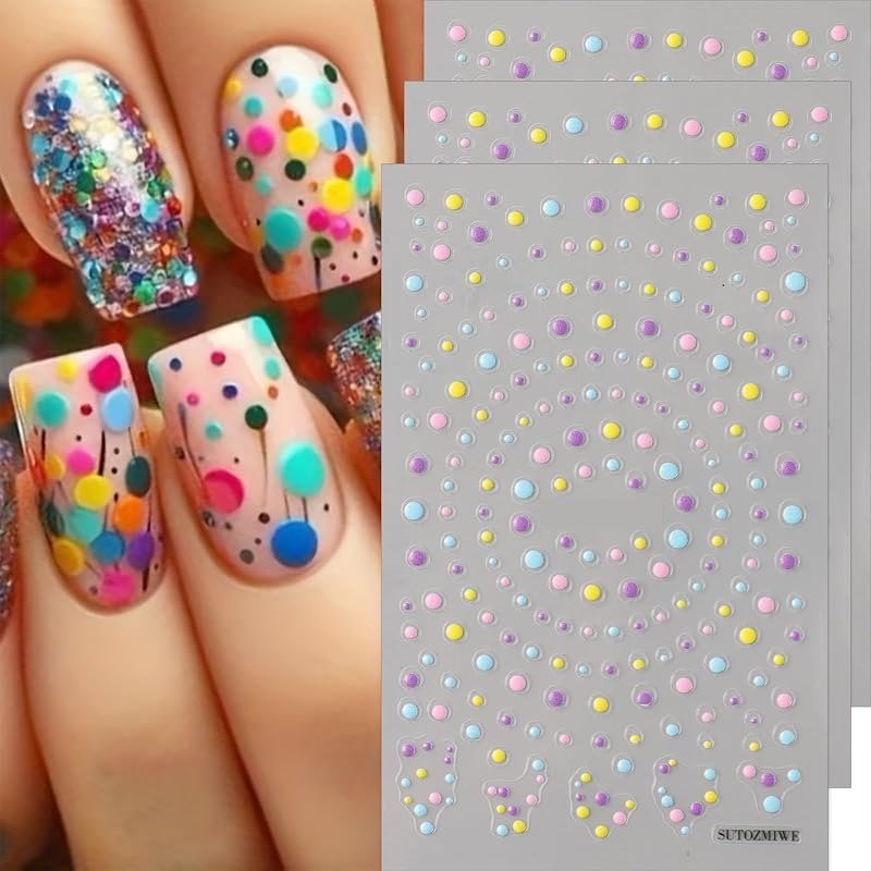 Polka Dot Nail Stickers 5D Cute Nail Decals 3PCS Embossed Self-Adhesive Polka Dot Stickers for Nails Colorful Round