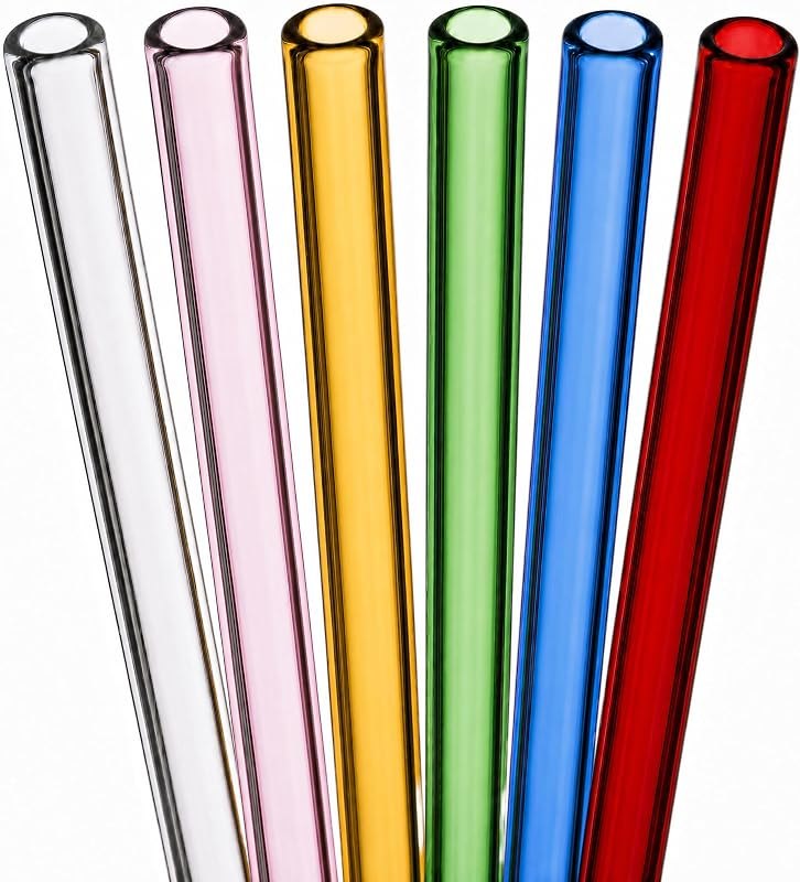 Fiesta First Reusable Glass Straws 6 Pack with Cleaning Brush, 9.45 in x 8 mm Straight Colored Borosilicate Drinking