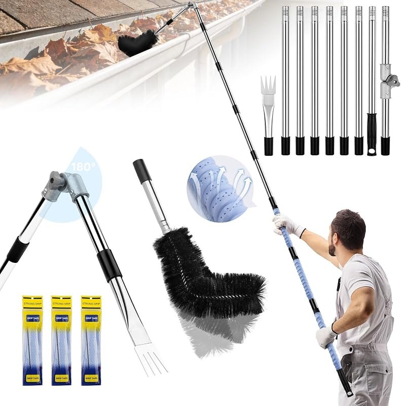 13FT Gutter Cleaning Tools From the Ground - No Ladder Needed, Adjustable Gutter Cleaner Pole with Replaceable Brush &