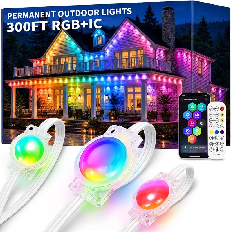 300FT Permanent Outdoor Lights , RGB+IC Smart Christmas Lights for House — RGB under eave lights for rgb under eave