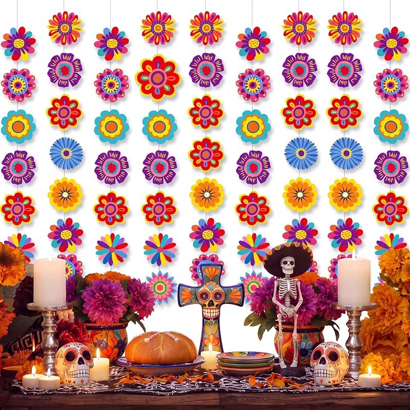Xinnun 8 Pcs Day of The Dead Party Decorations Halloween Flower Garlands — pan de muerto decorations for pan muerto