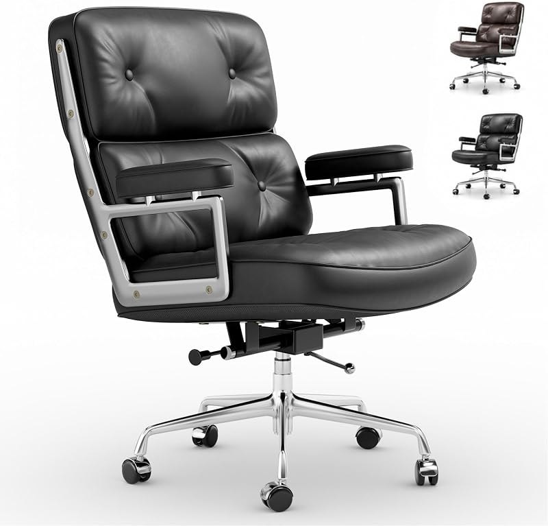 Top Grain Leather Office Desk Chair, Mid-Back Executive Ergonomic Swivel Chair with Aluminum Arms, Thick Plush Cushion