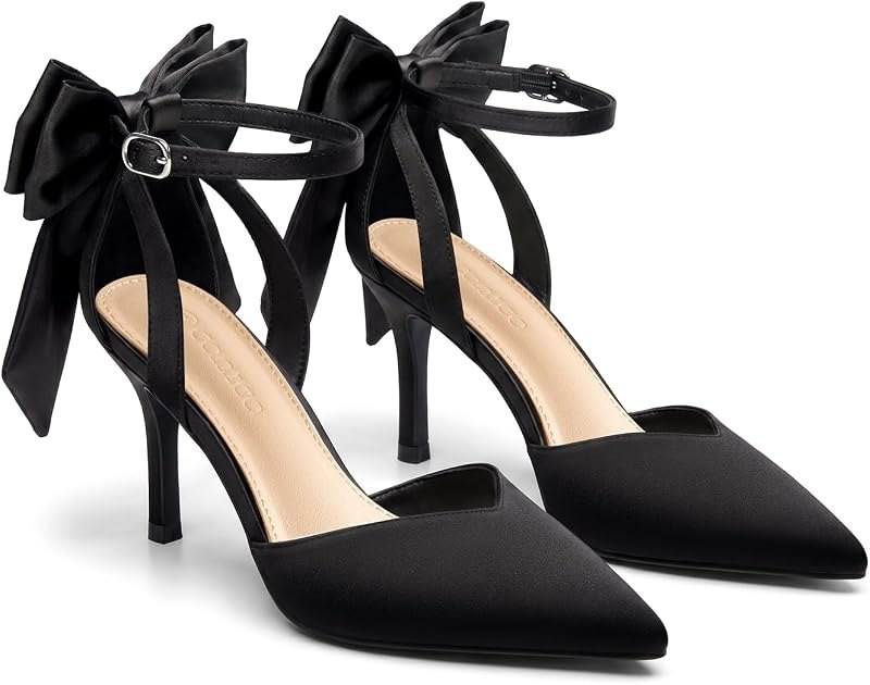 Women's Kitten Heels Closed Pointed Toe Pumps Bow Ankle Strap Wedding Party Dress Shoes — metallic pointed toe pumps