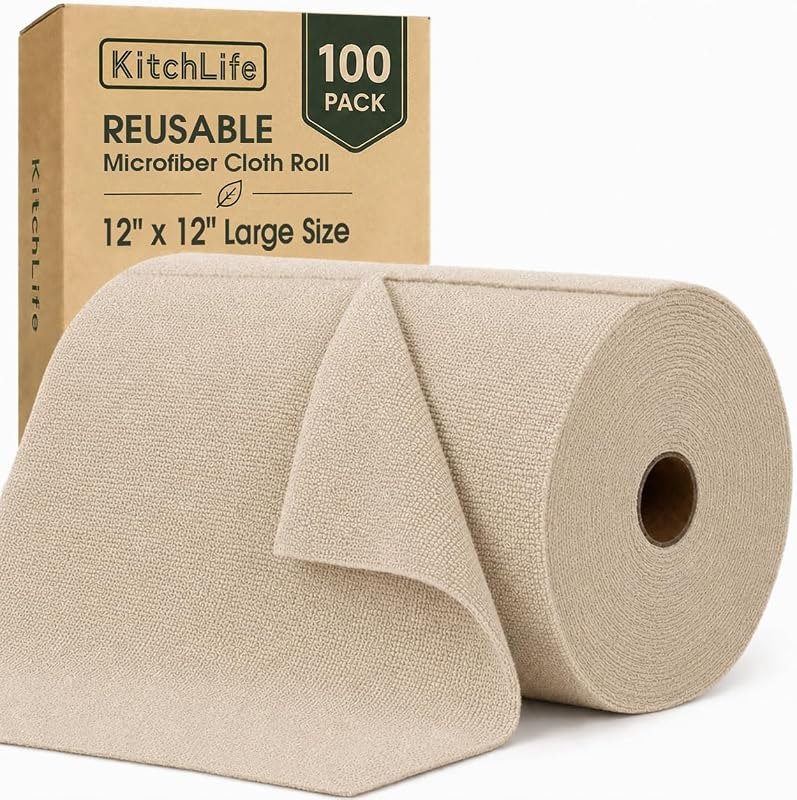 Microfiber Cleaning Cloth Roll, 100 Pack 12 x 12 Inch Tear Away Reusable Paper Towels, Thick Cleaning Towels