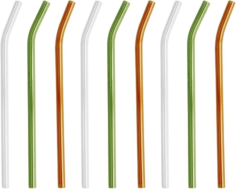 3 Pcs Glass Drinking Straws Set, 7.9 in Bent, Reusable Clear Green Amber Straws, with Cleaning Brush, Colorful Glass