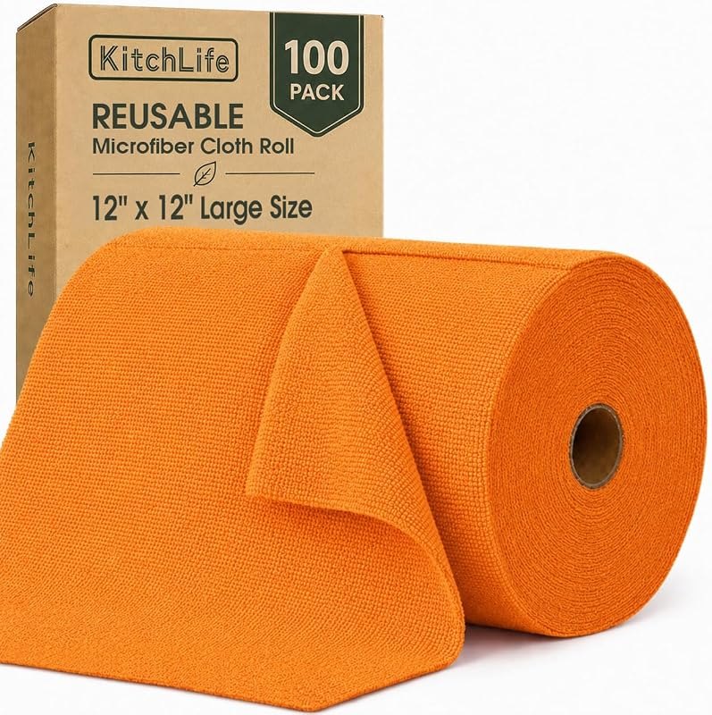 Microfiber Cleaning Cloth Roll, 100 Pack 12 x 12 Inch Tear Away Reusable Paper Towels, Thick Cleaning Towels