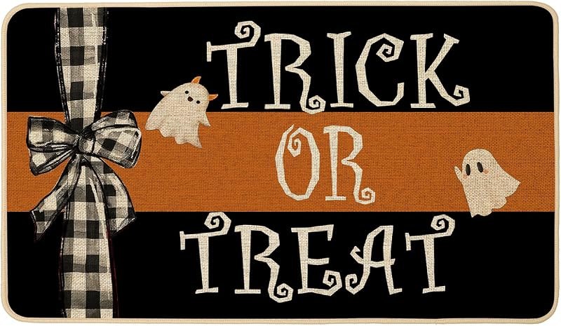 Baccessor Halloween Doormat Trick or Treat Ghost Bow Decorative Front Door Mat Black Orange Indoor Outdoor Mats