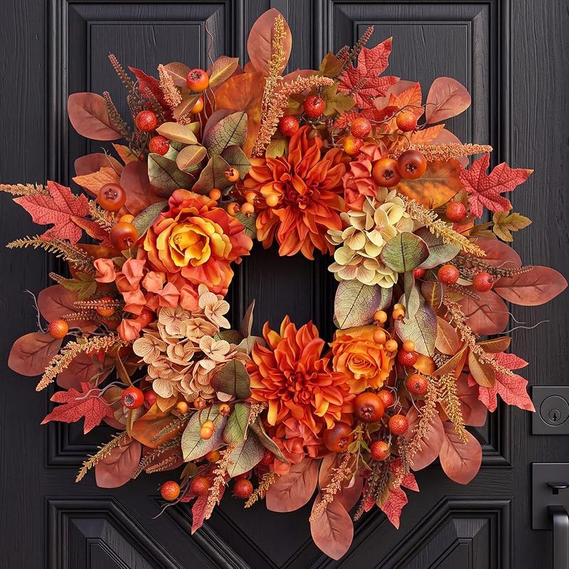 Autumn Harvest Wreath for Front Door 26 Inch, Fall Decor with Orange Dahlias Maple Leaves Berries Hydrangeas